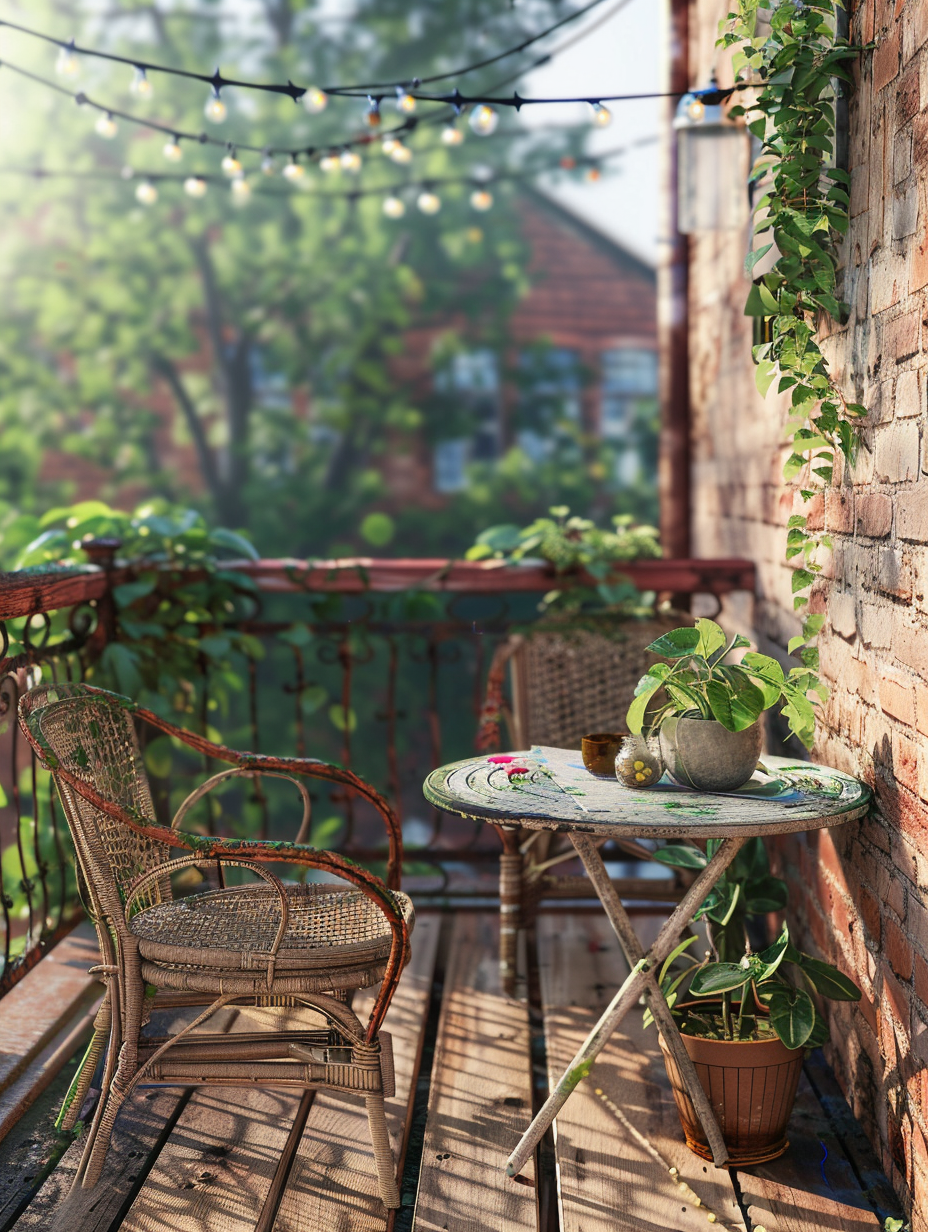 Small, rustic balcony. Faded timber decking, rusted wrought iron railings, petite round table with two wicker chairs, sun-wilted potbelly plant on table, multi-potted vine hanging onto the right side of the rail, string dangling fairy lights, and a water-damaged red brick wall in the background.