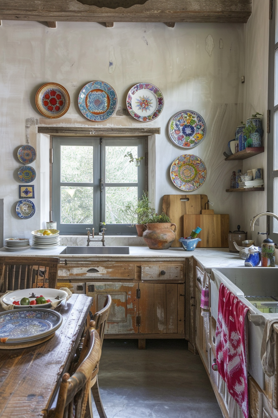 Farmhouse Kitchen. Rustic, wooden cabinetry, embracing white walls adorned with colorful, vintage ceramic plates. The sole standing out feature being a worn-out, deep vermilion table cloth draped on an antique, solid oak dining table sided with elaborately patterned wrought iron chairs. In a sharp contrast, lined against one of the walls, polished silver steel color modern farmhouse sink fixed under soft rectangular window mullions casting a warm play of light shadows intertwining with glossy ivy creeping plants on a tranquil summer afternoon.