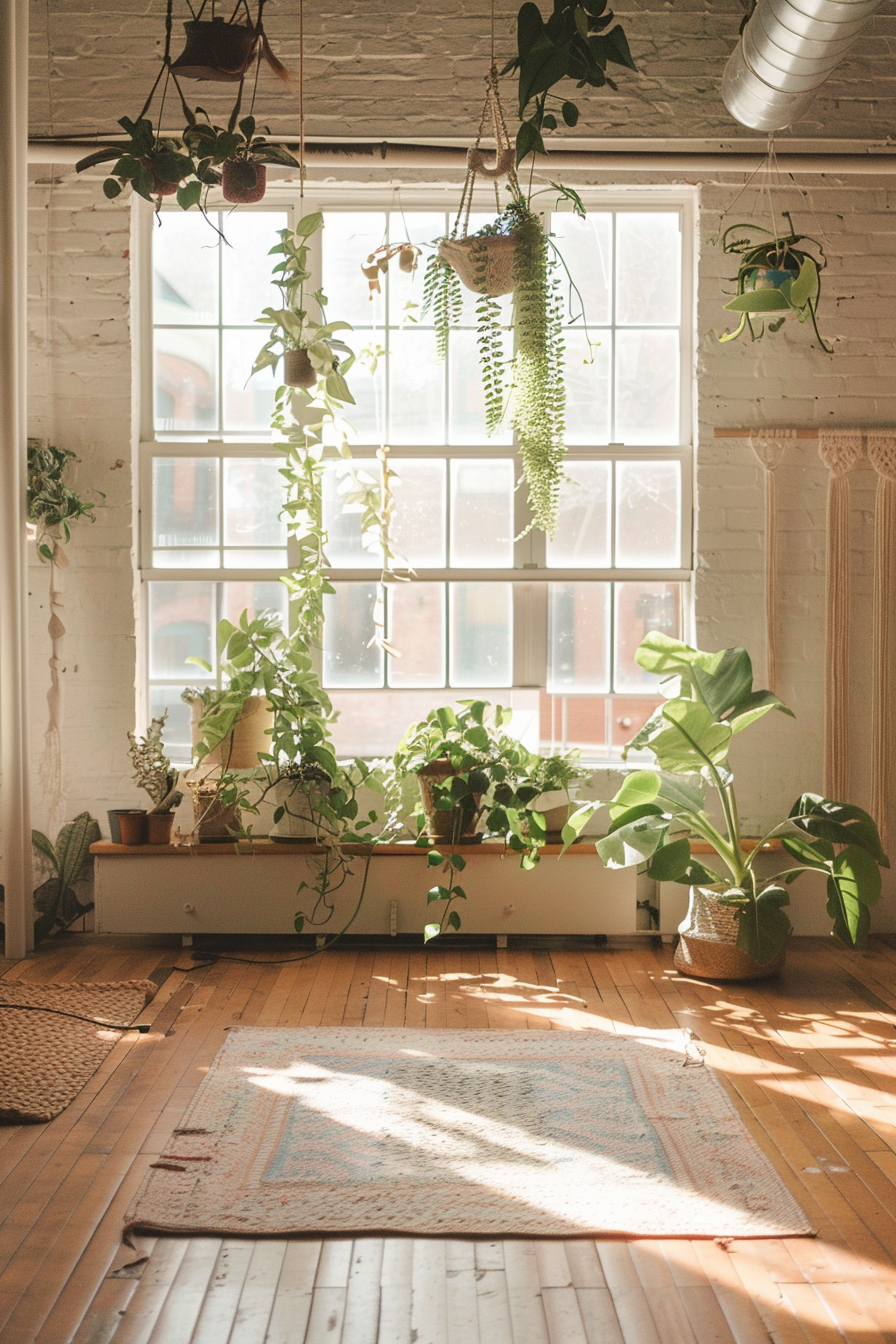 Modern Boho yoga studio. Air purification plants and macrame plant hangers near a sun-facing window.