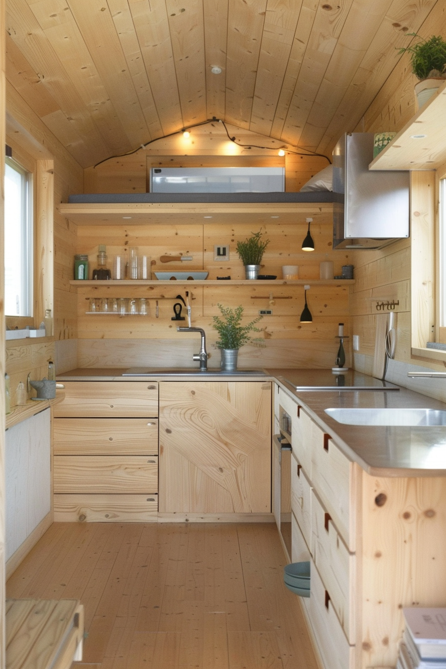 Japanese Tiny House interior. Compact kitchen with wooden cabinets.