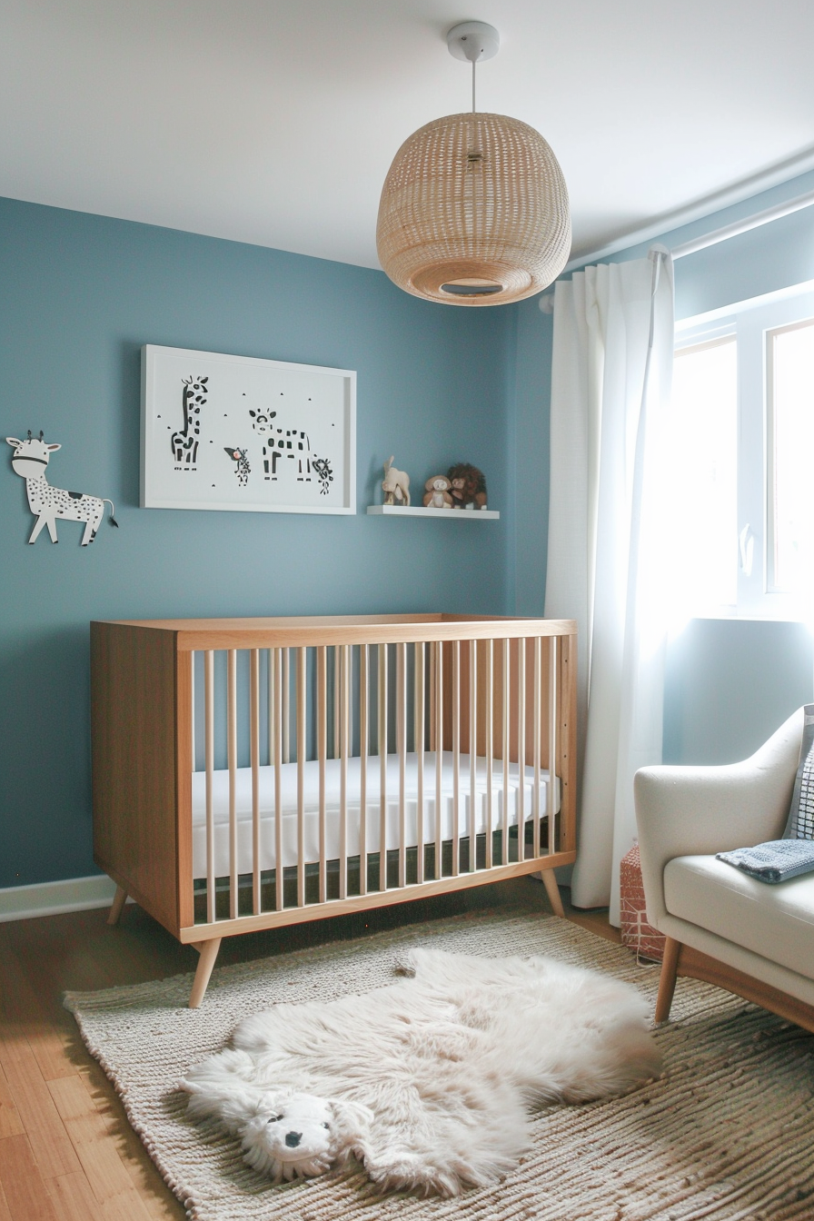 Modern baby boy nursery. Sky-blue walls with white animal decals and maple wood crib.