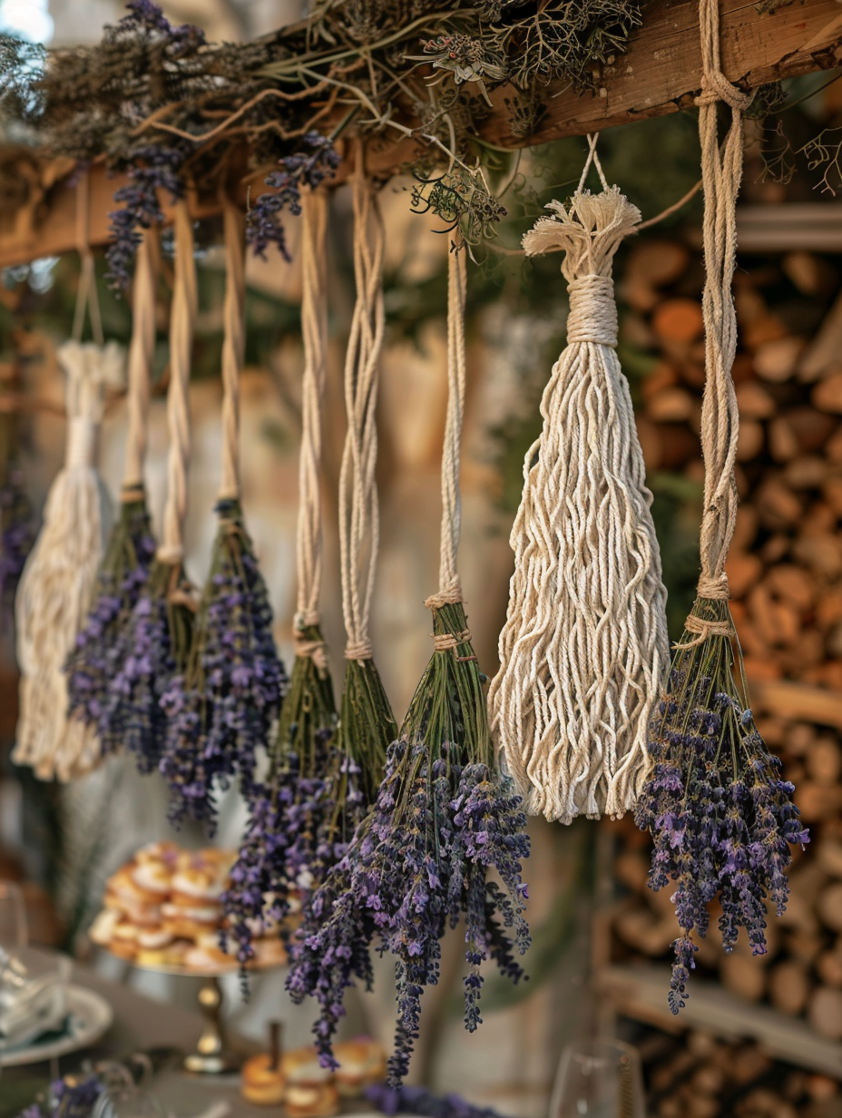 Boho Themed Party design. Macrame wall hangings with dried lavender bunches.