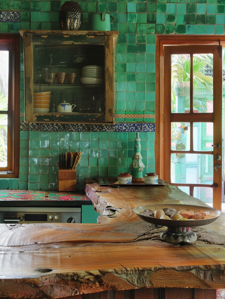 Boho Kitchen. Carved wooden countertops with turquoise Moroccan wall tiles.