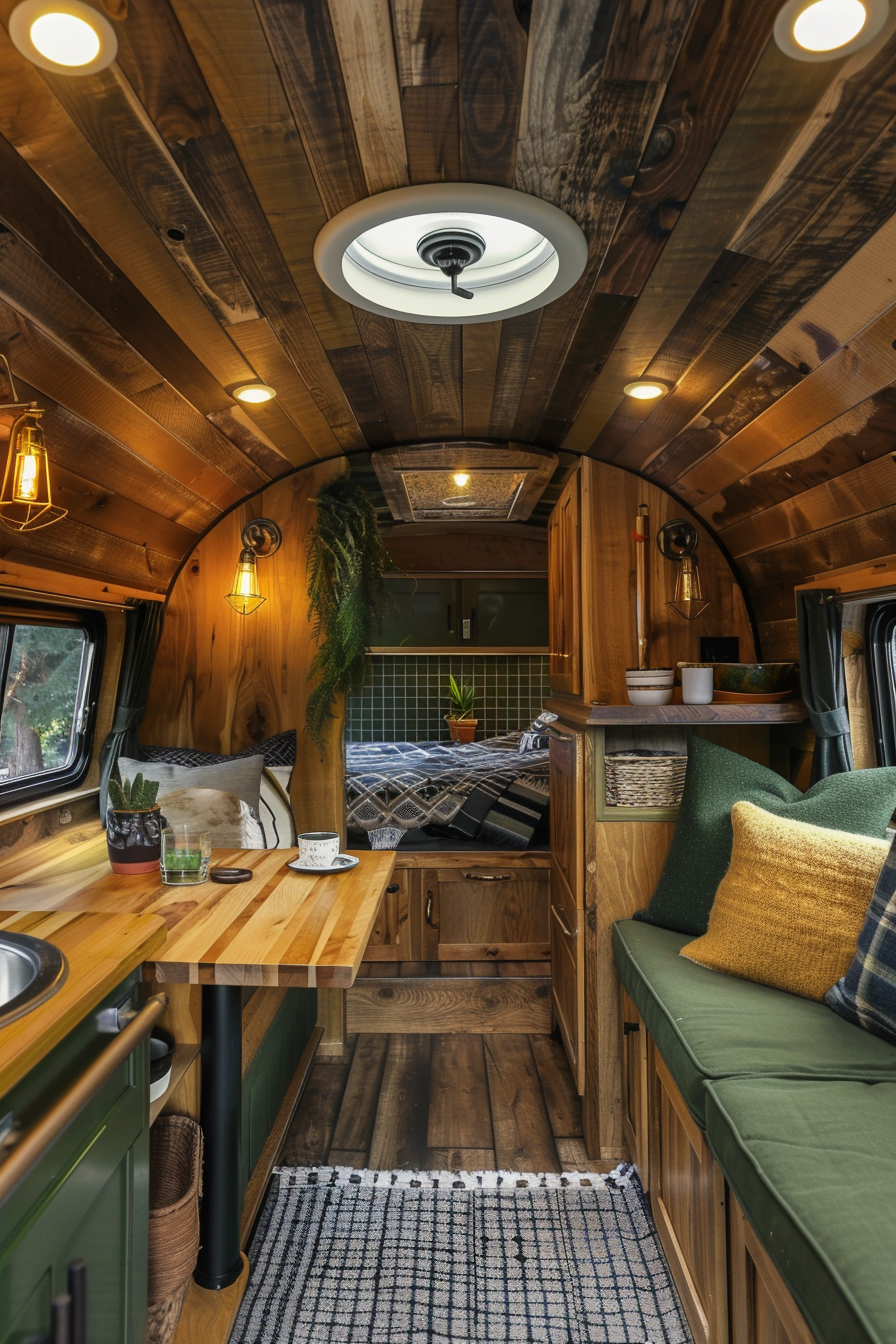 Small Camper Interior. Rustic design featuring oak wood kitchenette and forest green accents.