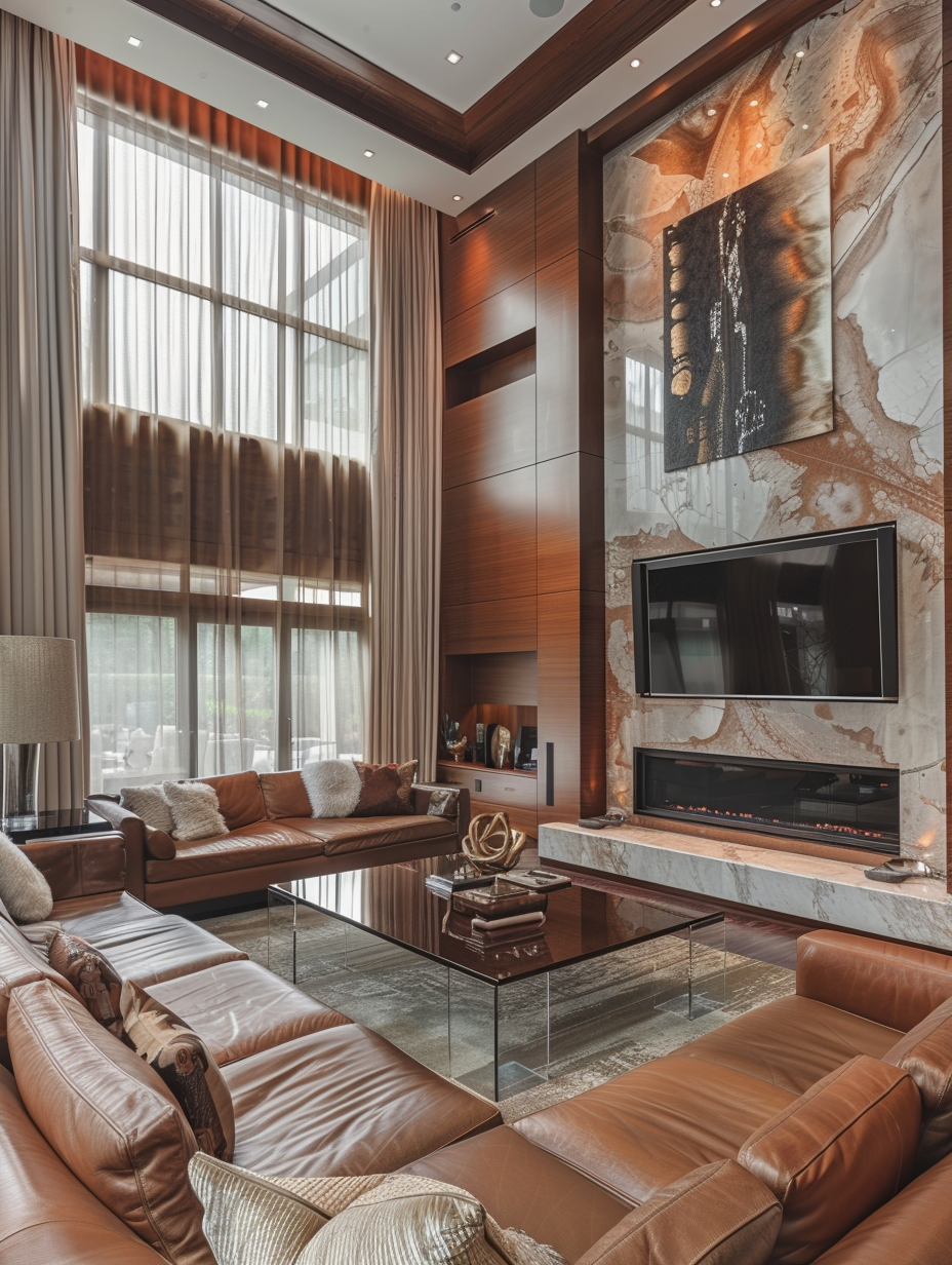 Luxurious and modern interior design of a living room. A living room space featuring high Tray ceiling design highlighted with warm recessed lighting, an ample l-lounge sectional leather sofa in cappuccino color, flat-screen tv built into a custom marble fireplace wall, oversized abstract oil painting art placed between low, floor-to-ceiling windows with silk curtains, and an immaculately polished oak coffee table with a geometric asymmetry inviting the eye from different viewing angles. Rich in dark wood and pale rugs, paired together with glass side tables adhering to the concept of form following function.