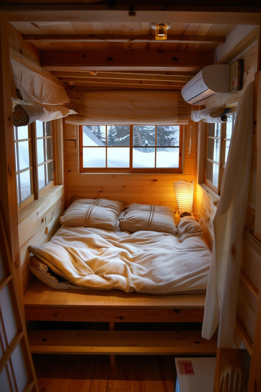 Interior view of Japanese Tiny House. Floor futon and tatami mat with shoji screen.