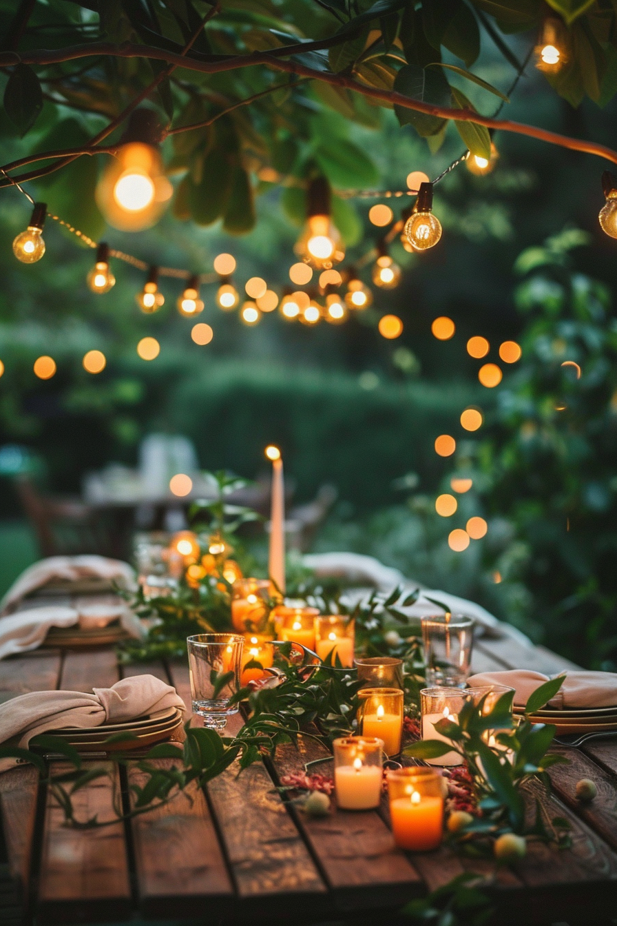 Backyard Dinner Party Table decor. Rustic wooden table garnished with cream-colored tablecloth, amber string lights twisted around green foliage and orange citronella candles positioned symmetrically.