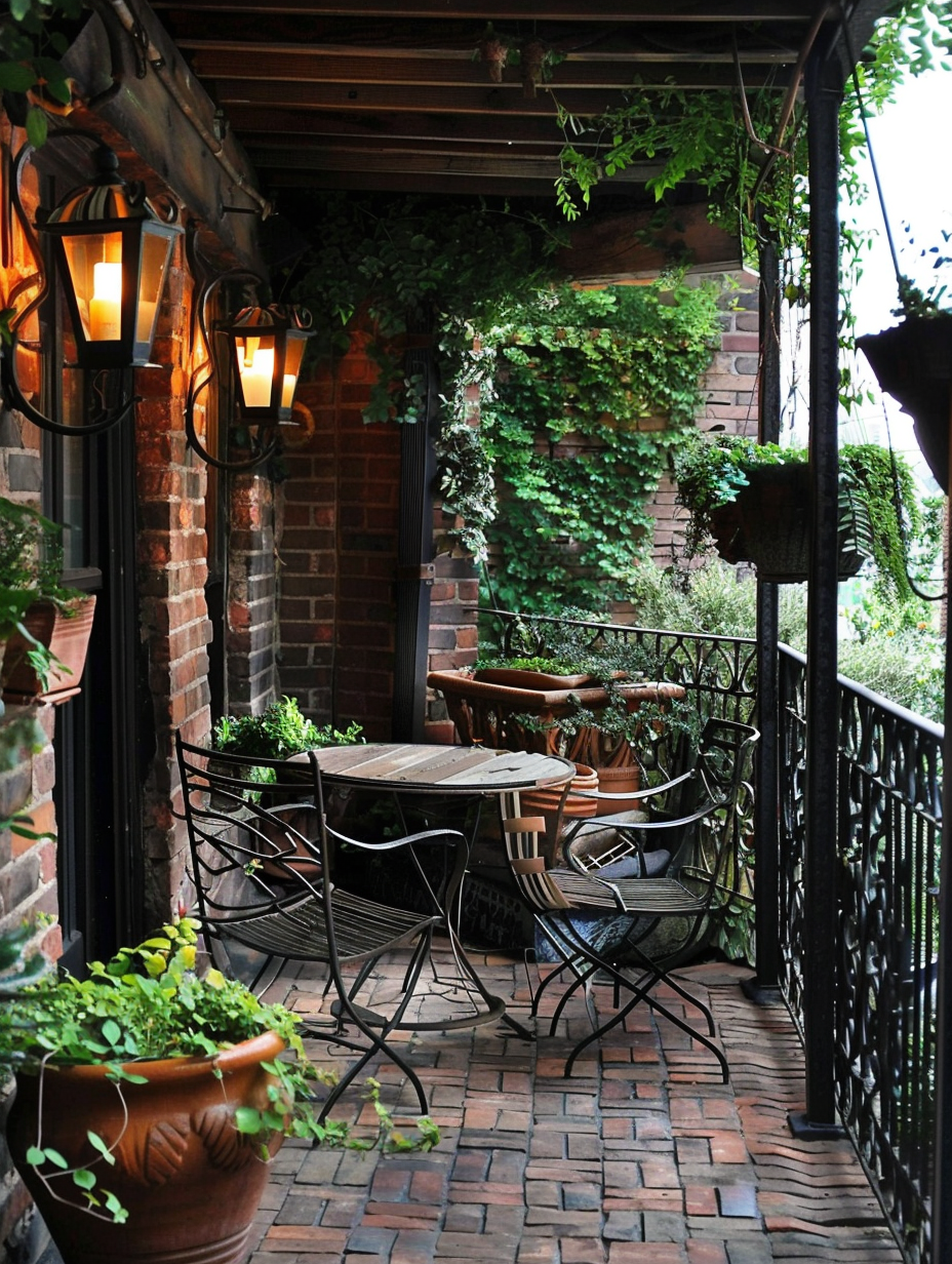 Small, rustic designed balcony. Hanging wooden planters with cascading ivy, alongside a metal bistro chair and table set on weathered brick flooring, surrounded by wrought iron railings.