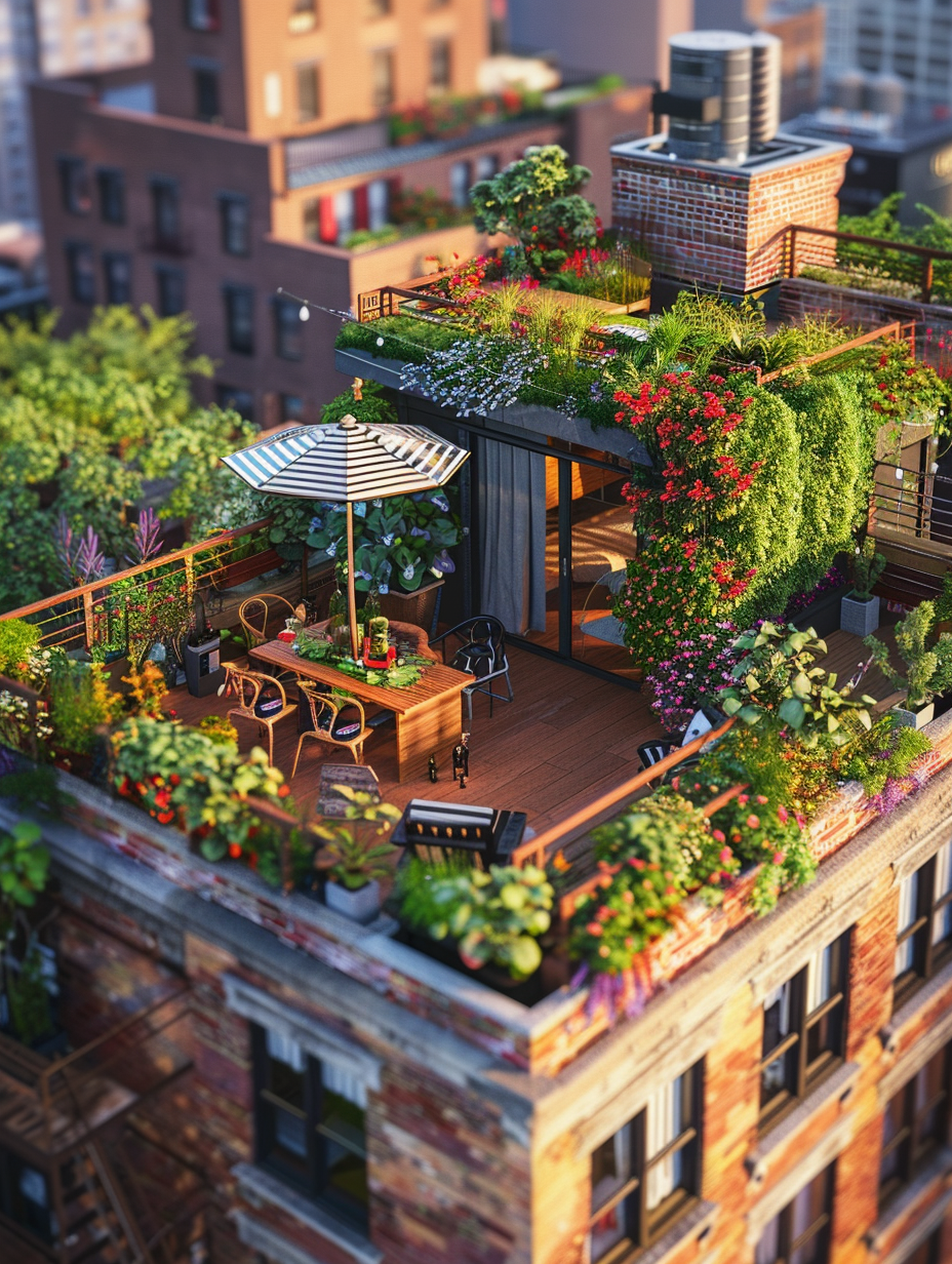 Full view of a small and beautiful urban rooftop. Rooftop covered in greenery with wine-colored flowers, adorned by compact wooden furniture and a striped umbrella.