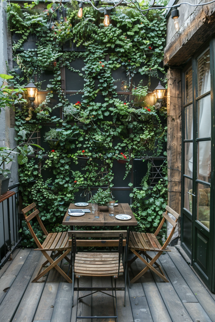 Rustic small urban balcony. Reclaimed wood furniture and ivy wall.