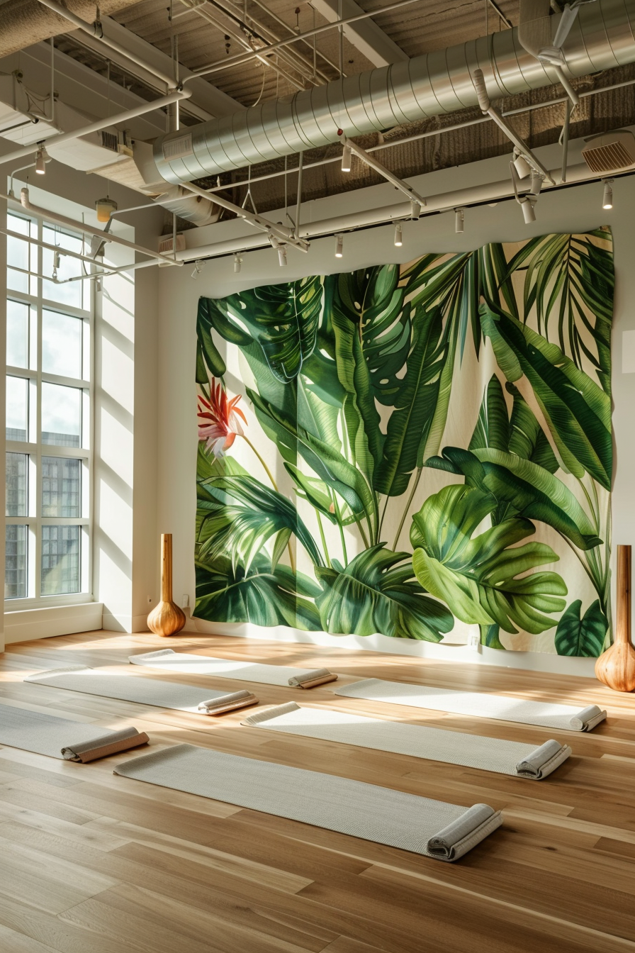 Yoga studio. Wooden floors with wall-mounted tropical leaf tapestry.