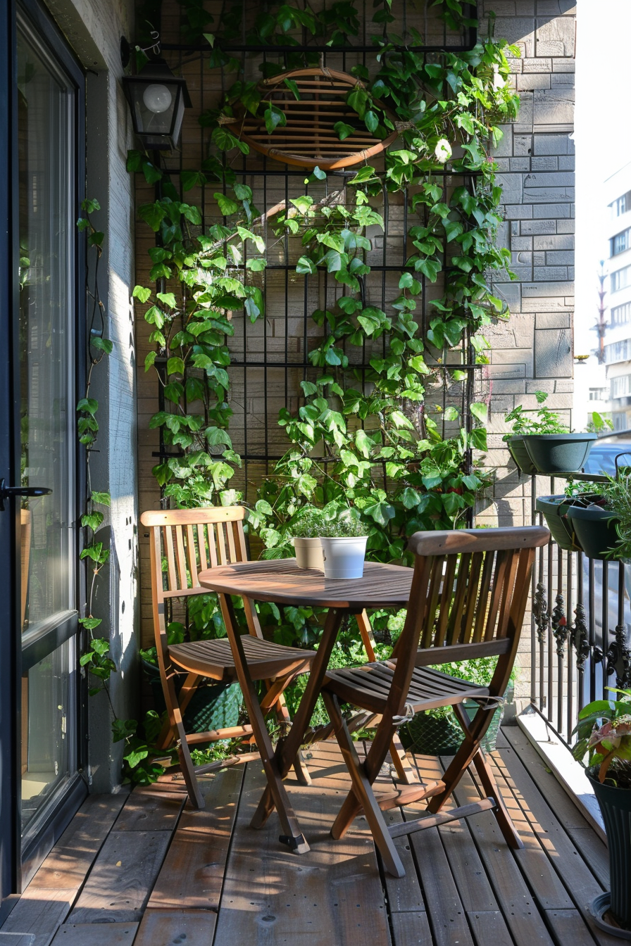 Small Urban Balcony. Wooden furniture with green flowing vines.