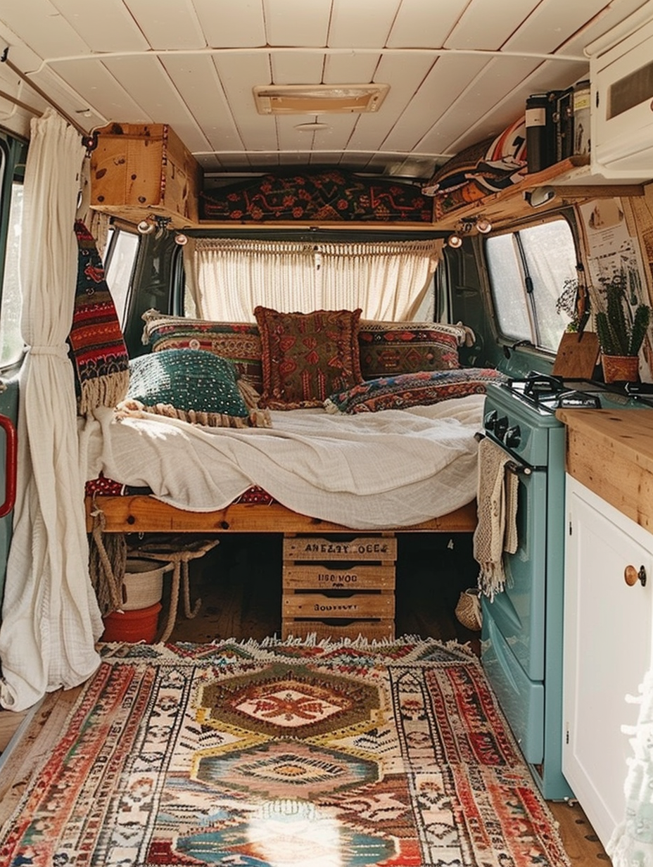 Boho Designed Camper interior. A central traditional kilim rug, laid on light hardwood floors accompanied by distinctly patterned bohemian throw pillows casually scattered across a pallet-themed in-built double bed, framed with stained rustic wood inclined beneath a draped ivory cotton twine net full of pressed flowers to the ceiling walnut wood corner furnished with teal painted cast iron stove against white vinyl pinstriped thin panel walls consciously decorated with a montage of vintage classic journeys maps.