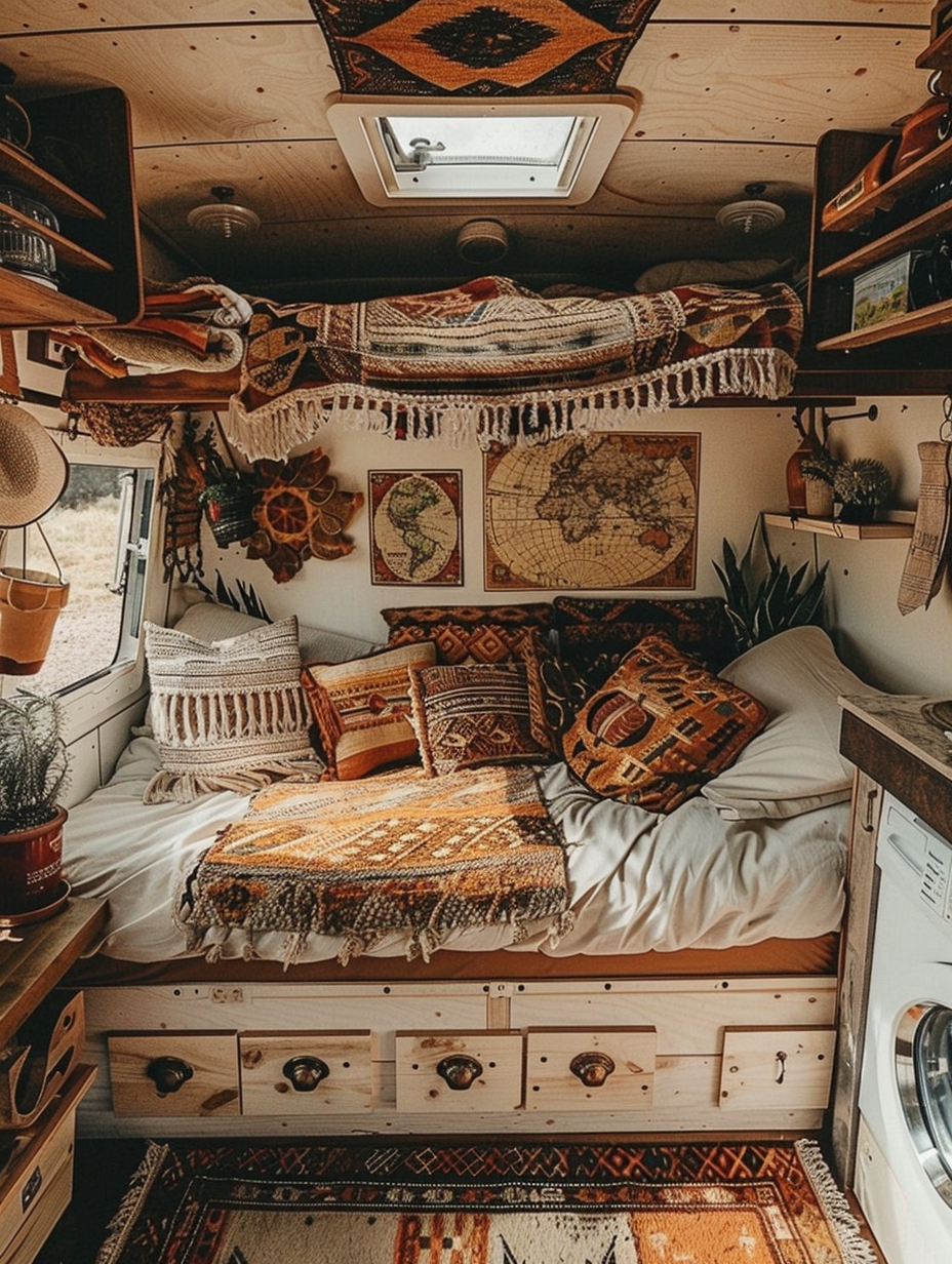 Boho design camper. Macrame hangings, earth tone upholstery, timber kitchen area with small indoor plants, an old map on the wall, and a cozy loft bed with white beddings and colorful pillows.