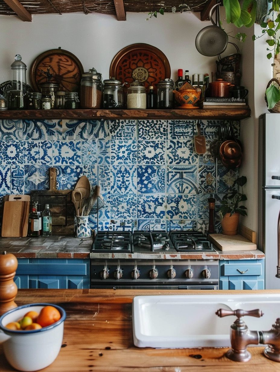 Boho Kitchen. butcher-block countertops with blue and white Moroccan wall tiles.