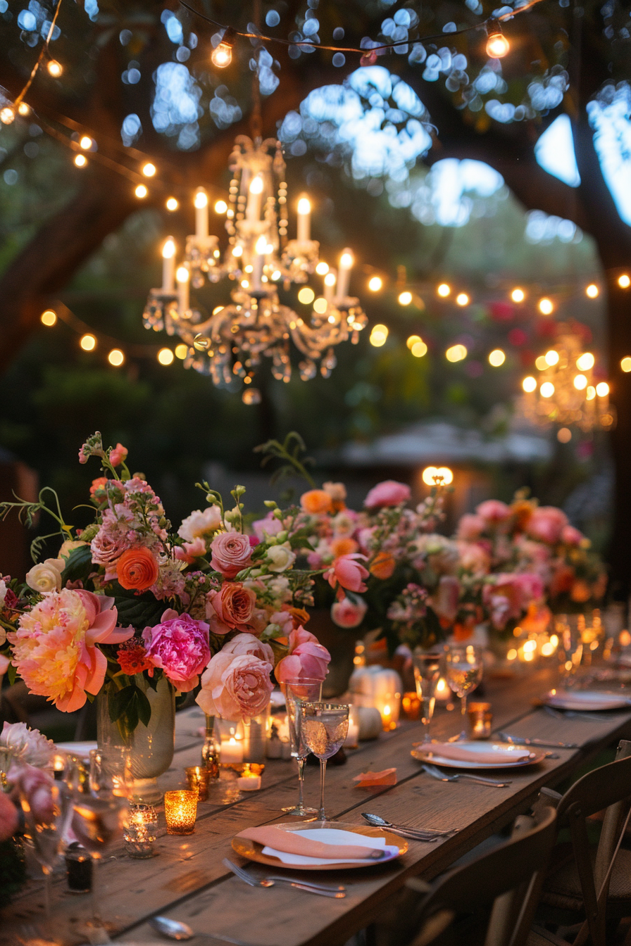 Backyard dinner party table decor. Clusters of floral arrangements with peonies and hydrangea sparkled with LED fairy lights, brightened by elegant brass chandeliers.