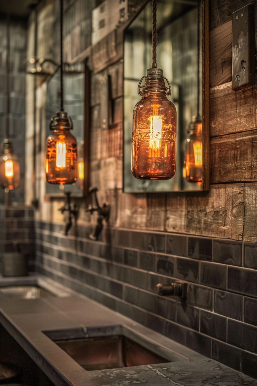 Boho bathroom. Mason jar lighting fixtures with rusted metal accents