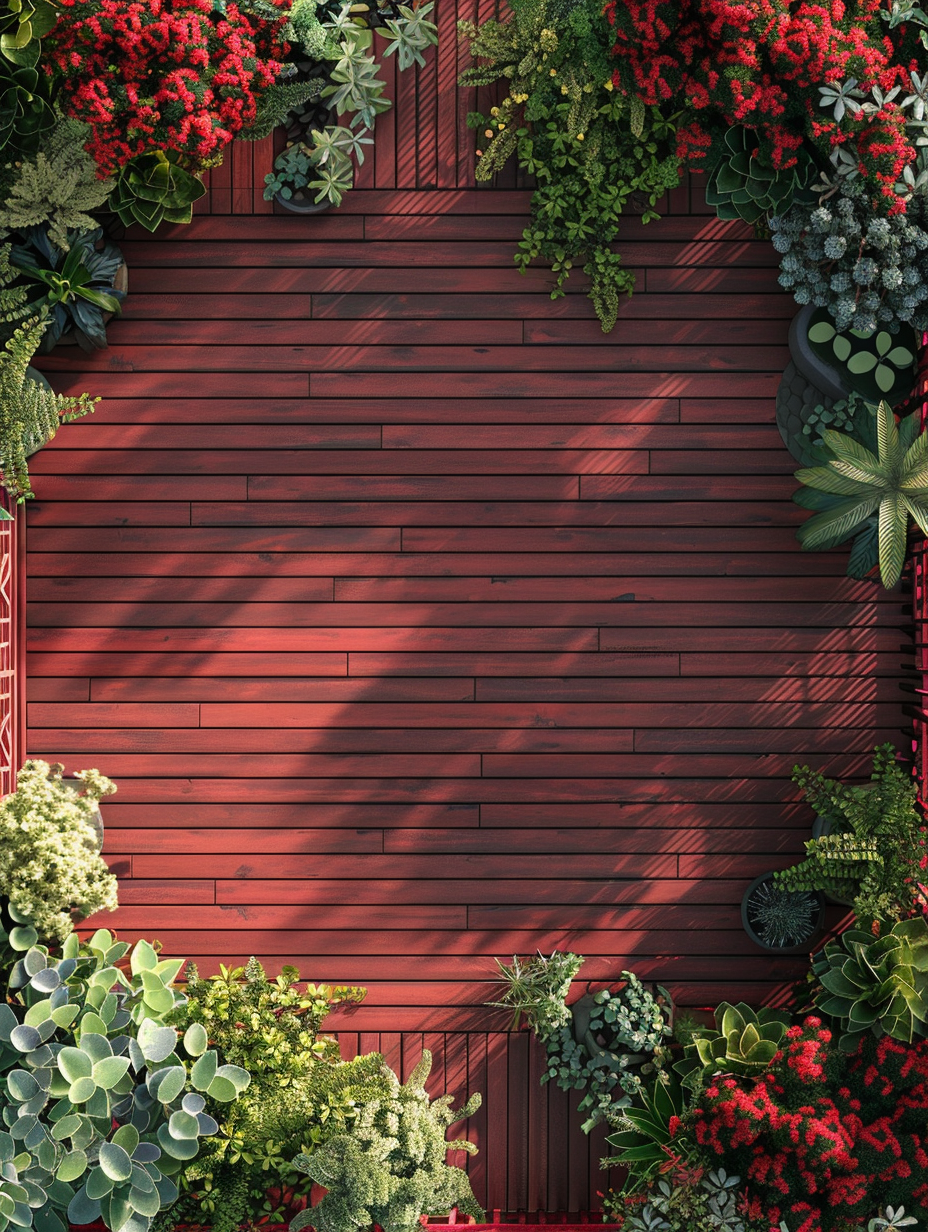 Urban Rooftop. Full view of a modern rooftop with flaming crimson wooden decking and full, lush green potted plants arranged in a checkered pattern.