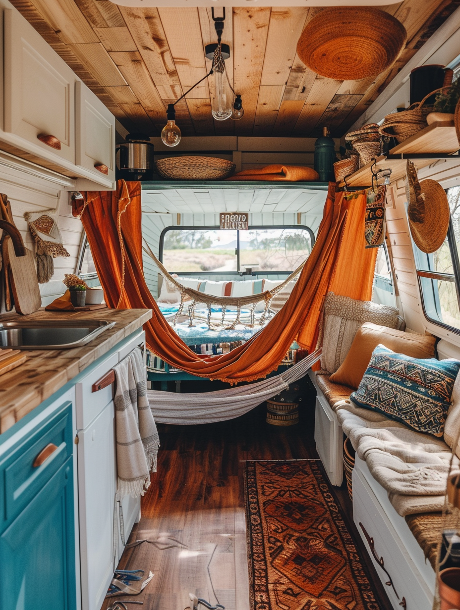 Full interior view of boho-designed camper. Open-space layout with a pastel blue kitchenette, sunset orange curtains, white-washed walls, Aztec-inspired accessories, natural wood countertops and a hammock for seating.