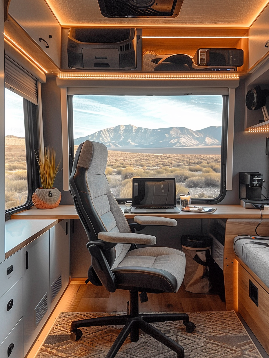 Interior RV view. U-shaped desk with ergonomic chair facing a panoramic window.