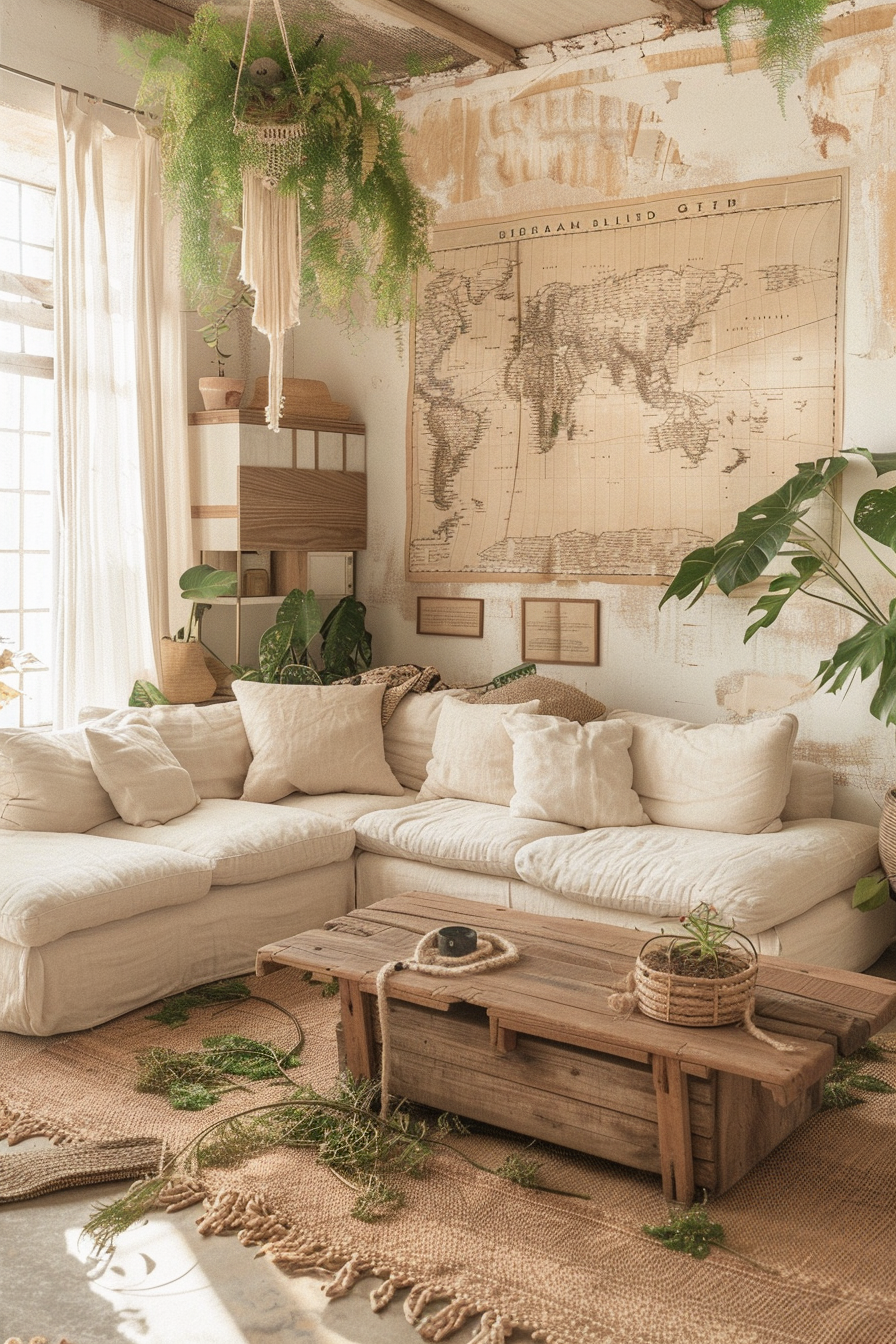 Boho designed Living Room with Grass and Plants wall installation. Handwoven Moroccan rug, large facing sectional in earthy linen, coffee table constructed from natural driftwood, floor-to-ceiling artisanal ratan plant stand adorned with crawling ivy and ferns, oversized hanging macramé light fixture, and vintage sepia-toned maps hung on grasscloth wallpaper.