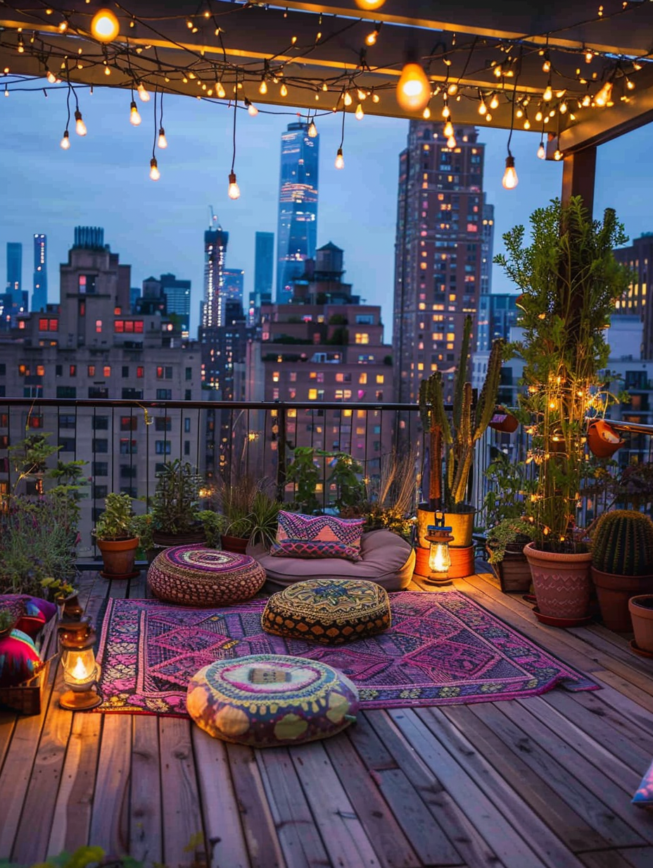 Urban rooftop. Wooden deck flooring and bohemian design with string fairy lights, green vines and colorful floor cushions overlooked by the evening lit city skyline.