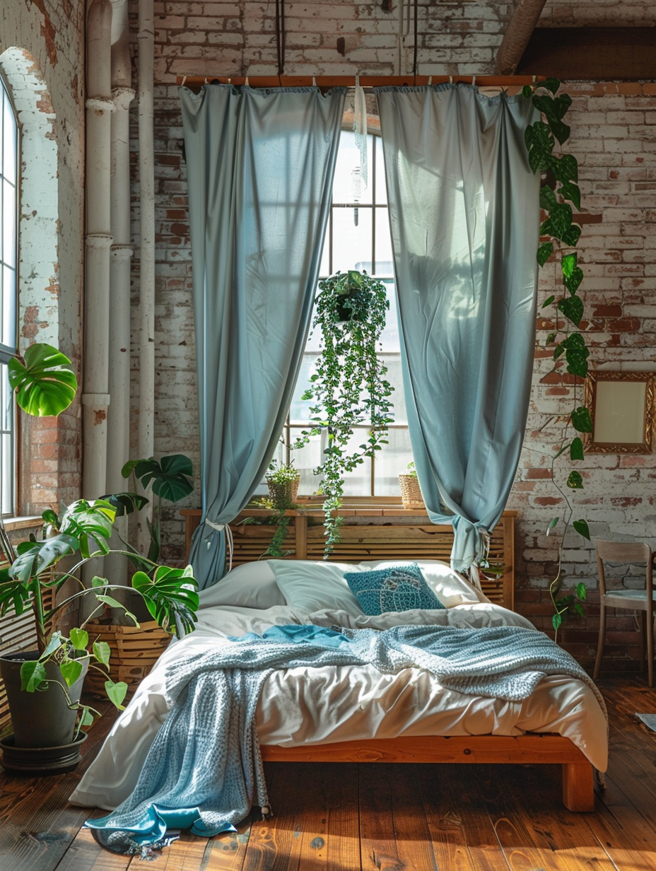 Loft bedroom interior, boho chic style. Canopy bed set on converted-industrial-space hardwood floors, peeling brick walls adorned with hanging macrame decor, potted monstera plant near a  tall window shaded by teal Roman curtains.