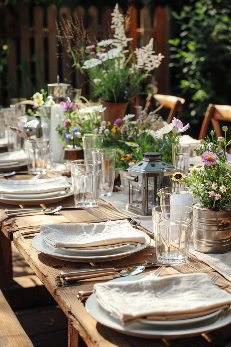 Backyard dinner party table decor. Rustic wooden table with beige linen napkins, white porcelain plates, crystal glasses, fresh cut wildflower centerpiece, tin can lanterns and matching silver flatware.