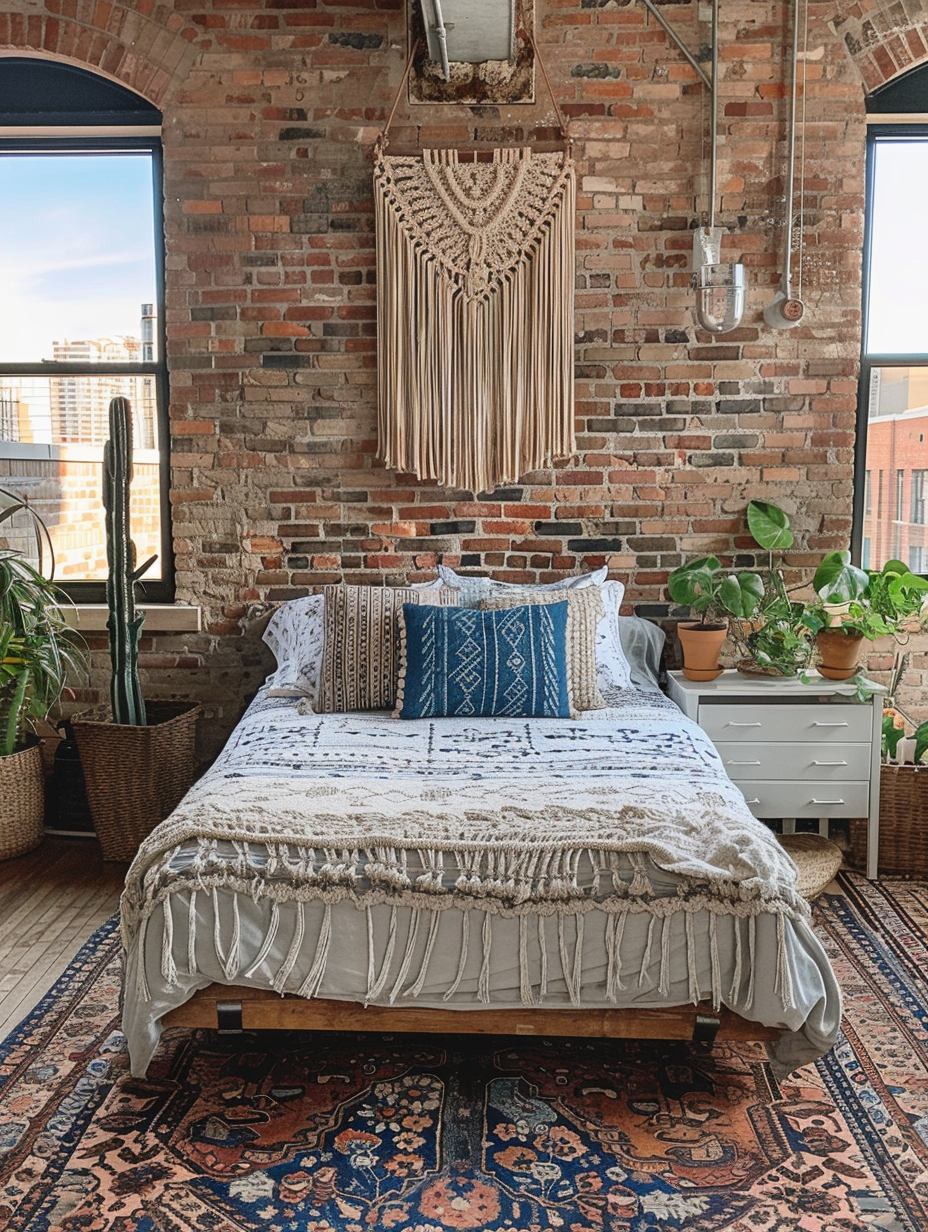 Loft bedroom interior, boho chic style. Exposed brick wall with fringed macrame wall hanging, king size bed with cream paisley print bedding, blue textured Moroccan-style rug on dark hardwood floor, vintage distressed white nightstand with rattan basket underneath, and wide glass pane window letting in morning sunlight. Acid-washed denim throw pillow on bed and few pot plant decor on window sill. From an angle that reveals mid-section loft room entrance with open-sided wooden Library staircase. View from wide photography angle retaining perspective, captures loft-level height of room.