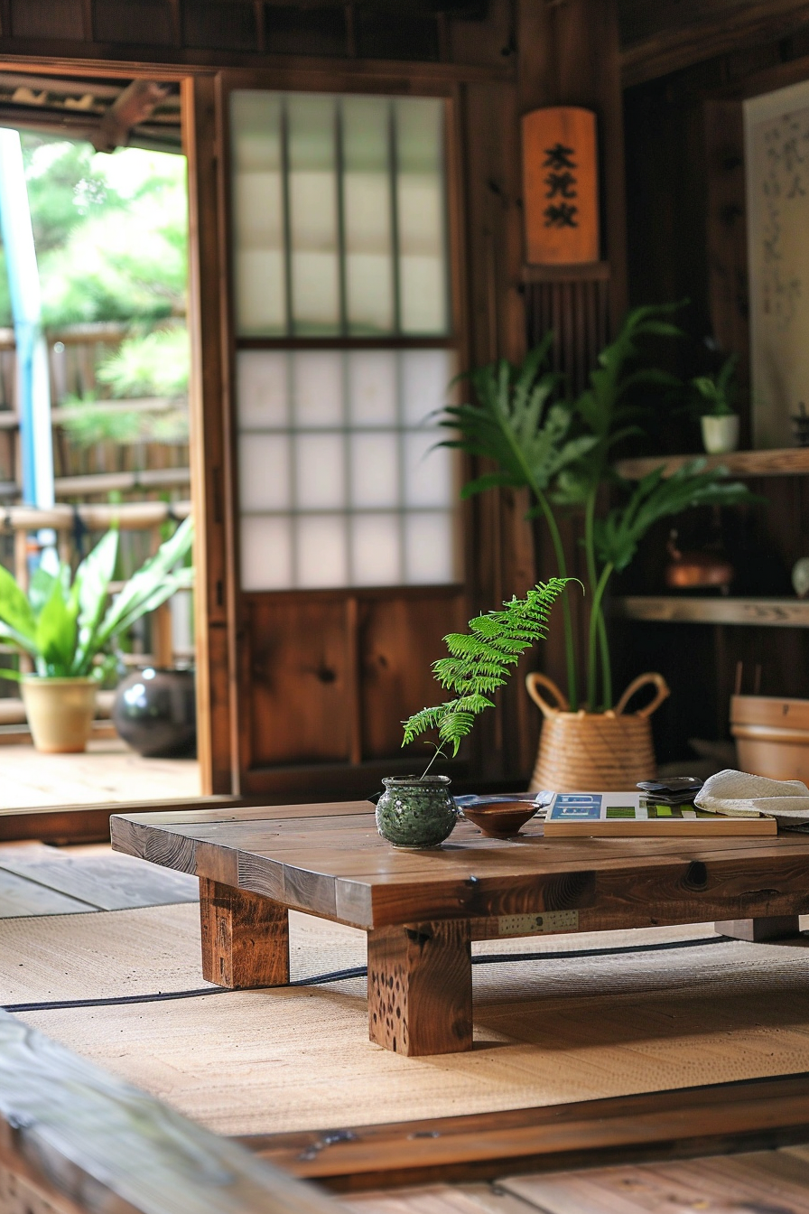 Interior of Japanese Tiny House. Tatami mats and low wooden table.