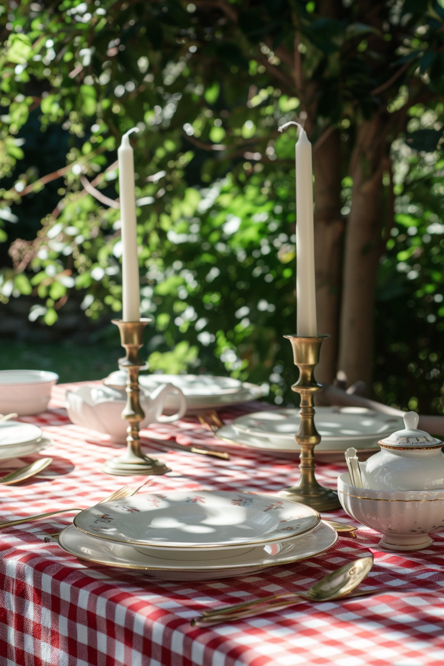 Backyard dinner party table decor. Red gingham tablecloth with a white ceramic dinnerware set and vintage brass candlesticks.