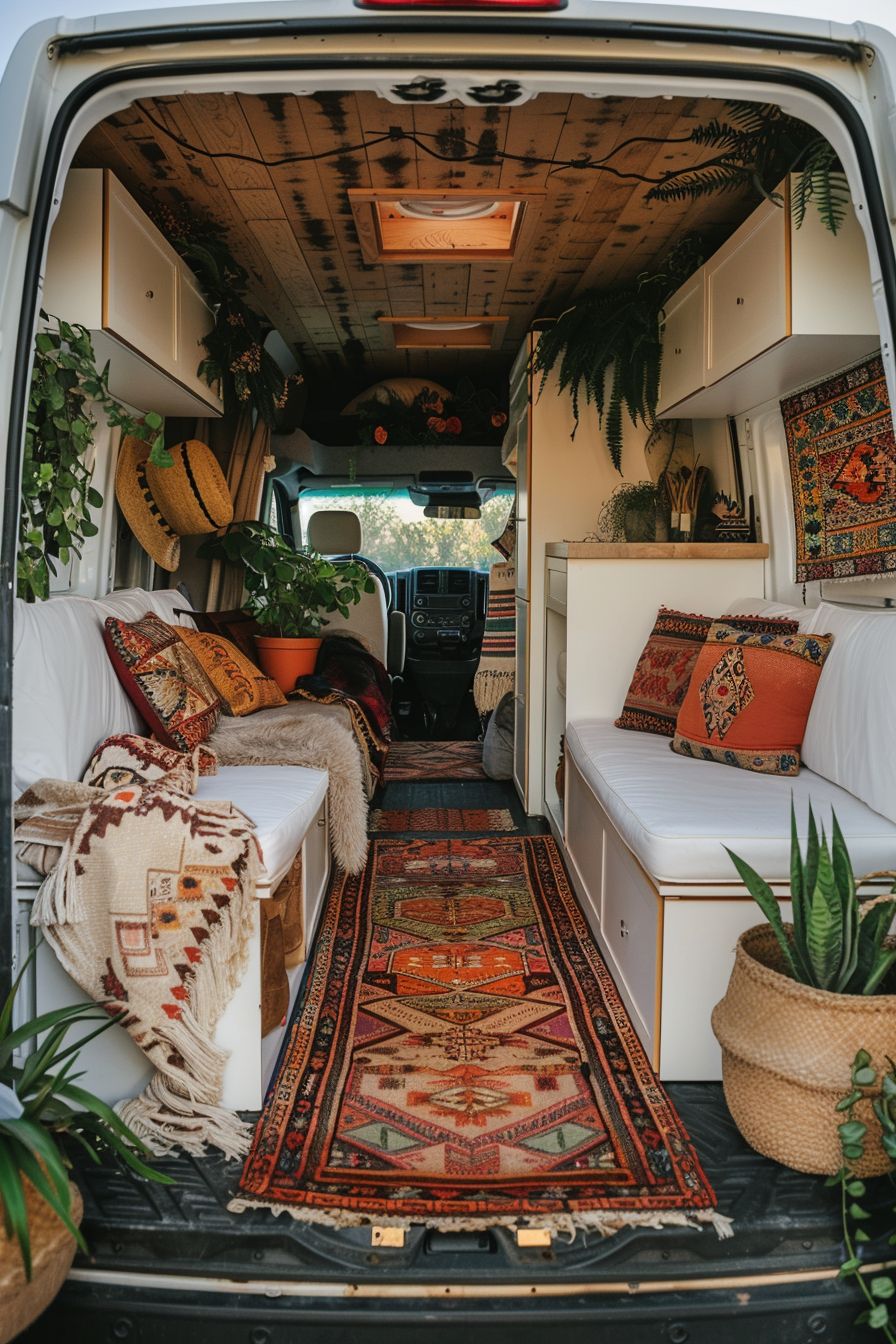 Sprinter camper van. Boho style with Moroccan rug and succulent plant arrangements.