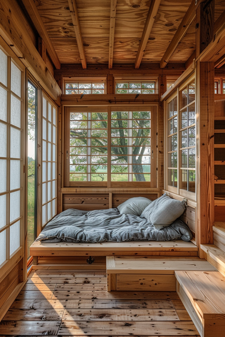 Interior view of Japanese tiny house with futon and shoji screens.