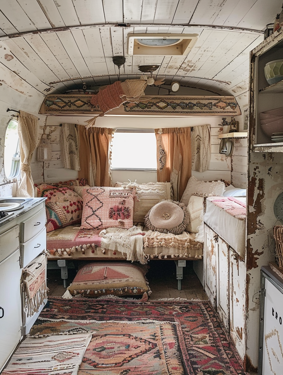 Full interior view of boho-designed camper. Pale turquolise accents on whitewashed wooden kitchenette paneling, contrasted with pastel toned patterned throw pillows atop a velvet cream antique couch, adorned with ornate Aztec-motif tapestries hung nonchalantly across bare walls. Underfoot, a coarse traditional jute rug crosses over portions of rose-and peach-stippled laminate flooring, against a backdrop of drawn mustard-shaded linen curtains outlining the crescent window frame.