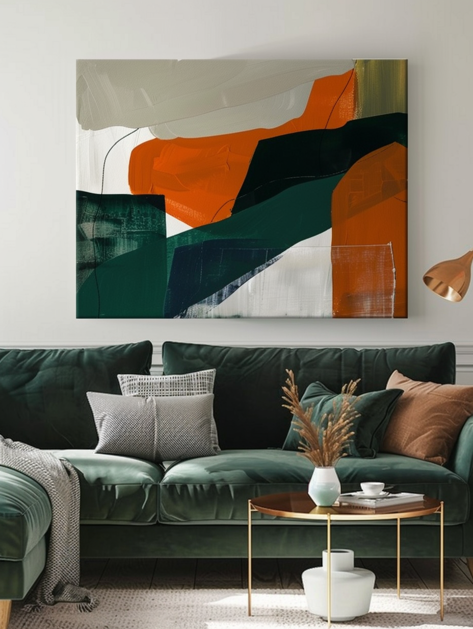 Living room. Jade green sofa with abstract boho-inspired canvas art.