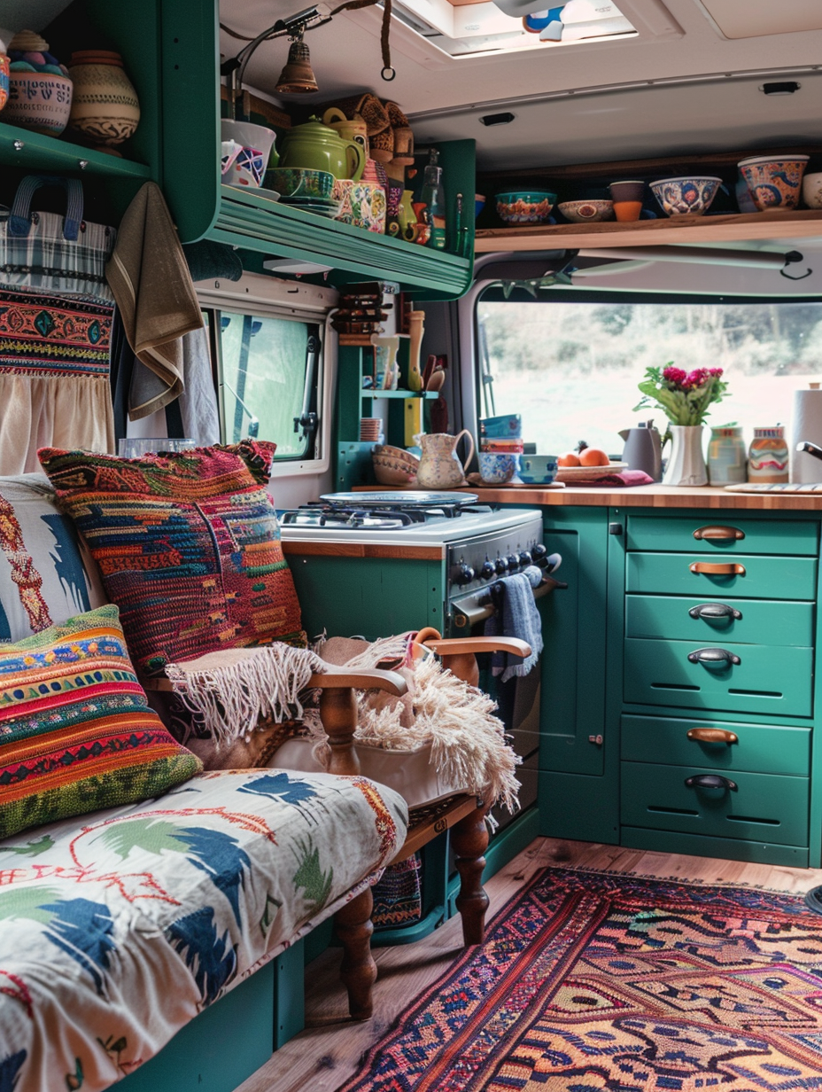 Boho Detailed Camper design. Patterned upholstery armchair, handmade rag rug, a teal-colored kitchen with exposed shelving filled with ceramics.