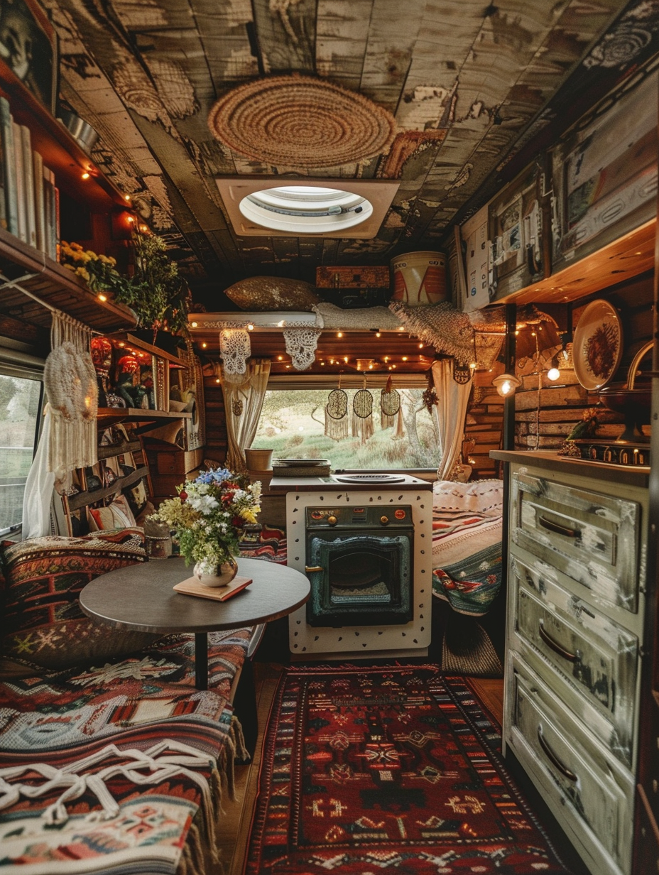 Boho designed camper interior. Exposed brick finish cooker station alongside distressed cabinet furnished with vintage metal handles, oriental rug for added comfort under a fold-out dark wooden table set with wildflower centrepiece on a tribal patterned tablecloth, walls adorned with macramé wall hangings and dream-catchers, ceiling scattered with tangled fairy lights, sloping to an inviting rustic wooden loft bed, underneath a visible storage bench and books lined perfectly over indie drapery encapsulating a tender glowing sunset peaking from the camper’s window view.