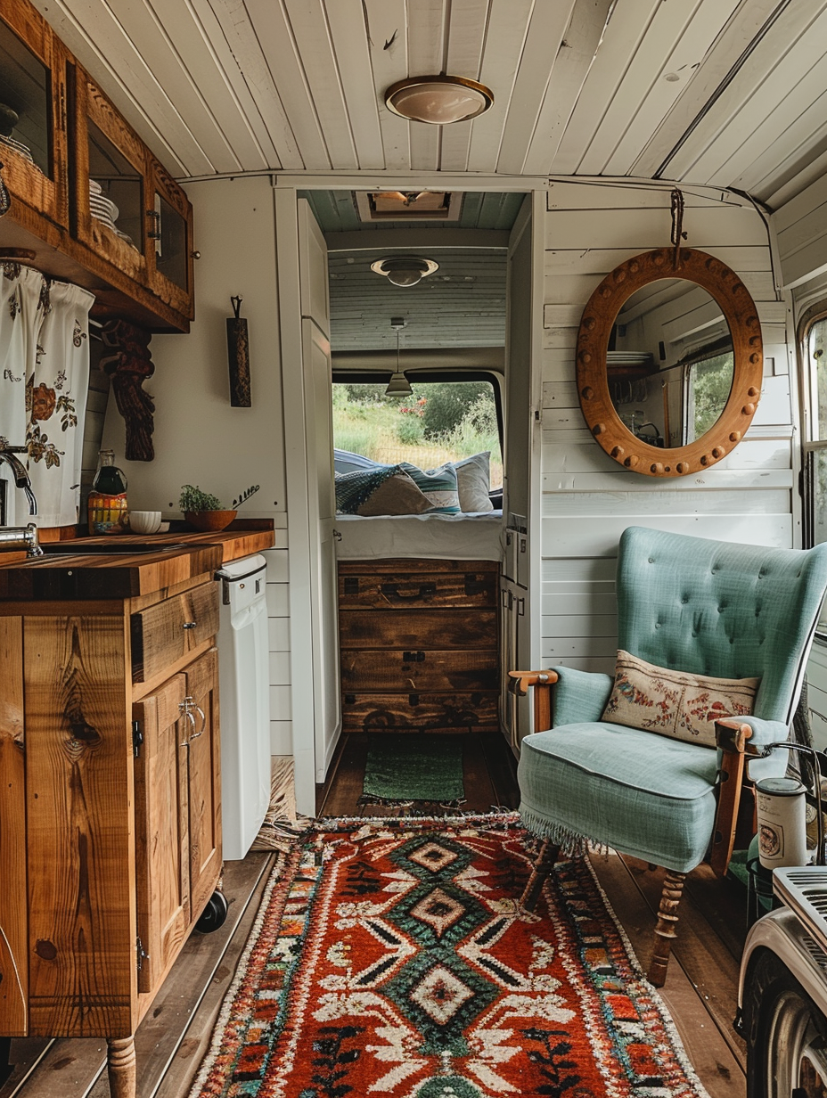 Boho Designed Camper. Central aisle with diamond-design kilim rug, far wall housing a mini-wooden kitchen unit on one side and an oak mirror affixed on the other, a cerulean armless chair adjacent to the shiplap lined beadboard-wall.