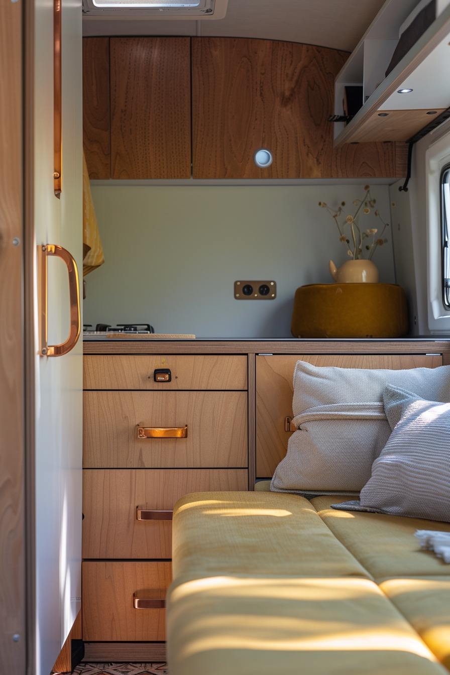 View of a small camper interior. Oak wood cabinets with copper handles, alongside a pale yellow pull-out sofa bed.