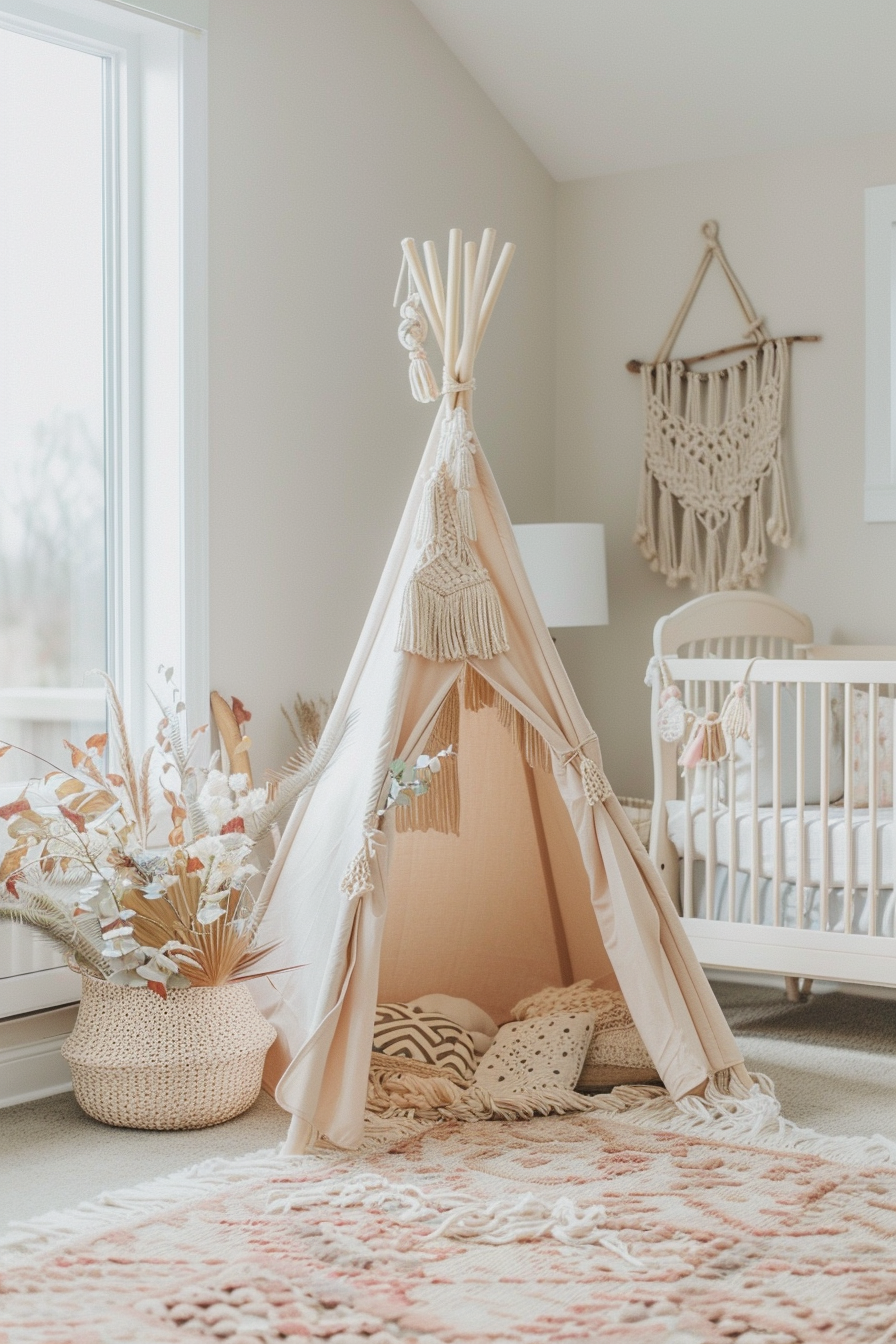 Boho nursery. Pastel peach teepee with macrame hanging details.