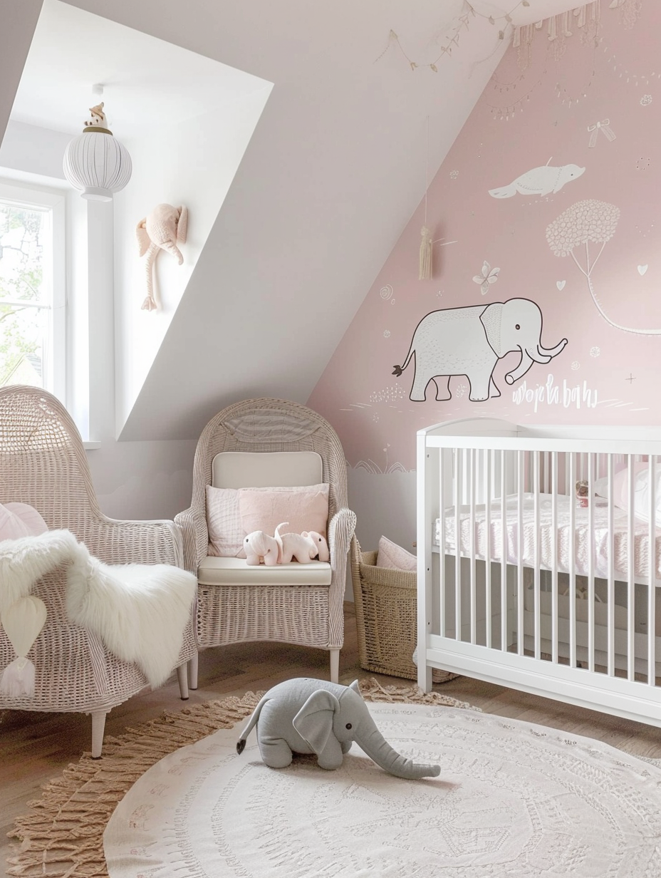 Nursery. Pastel pink wall with elephant decals.