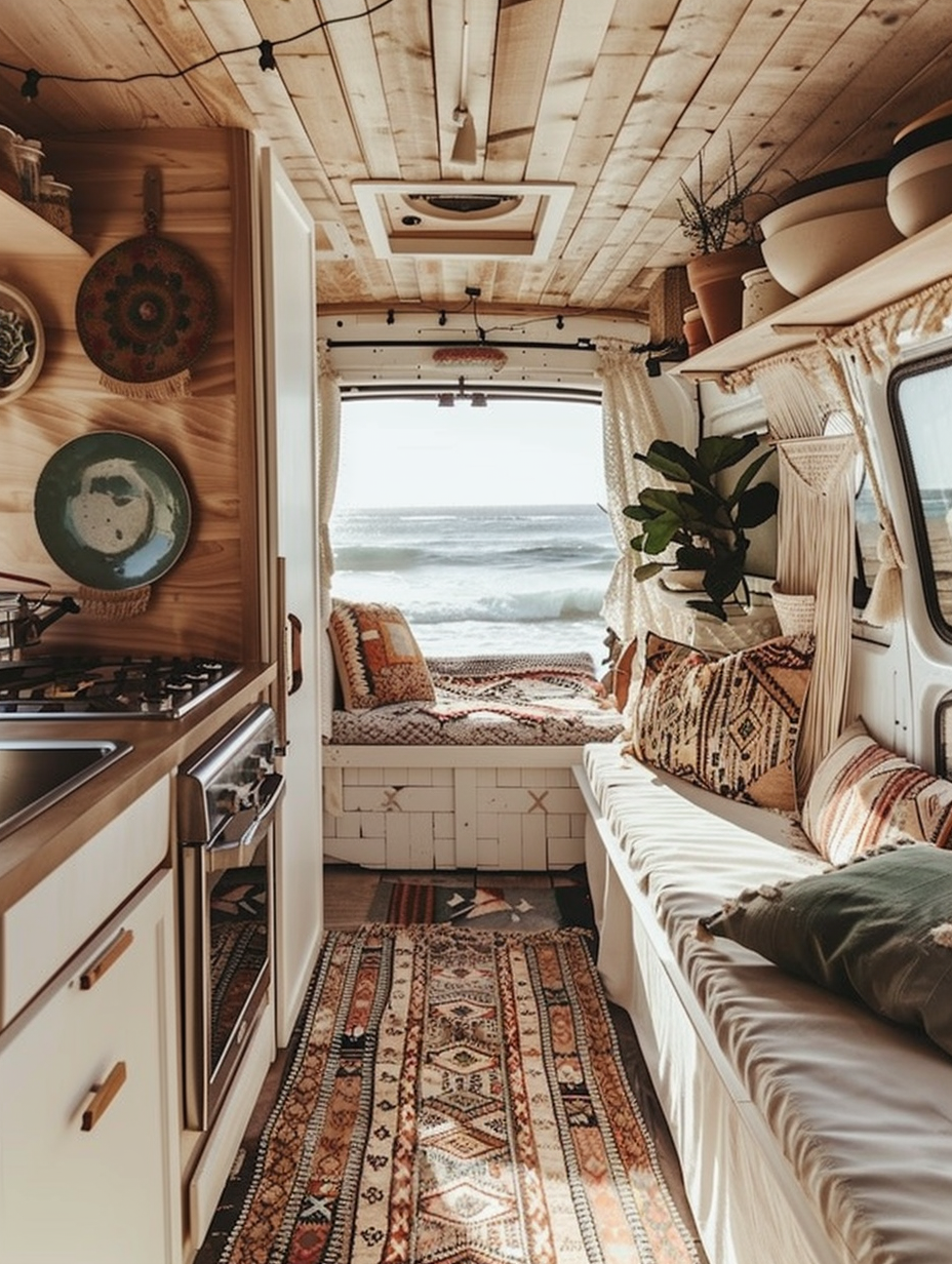 Boho Designed Camper interior. Whitewashed wood walls, colorful kilim rugs, a mounted surfboard on one wall, circular stoneware plates confidently handle-hung above the tiny kitchenette, an array fiddle leaf fig plants clustered near a mullioned window, globe string lights zigzagging across the ceiling, and macramé curtains sectioning off a tiny nook fitted with plump sequined floor cushions.