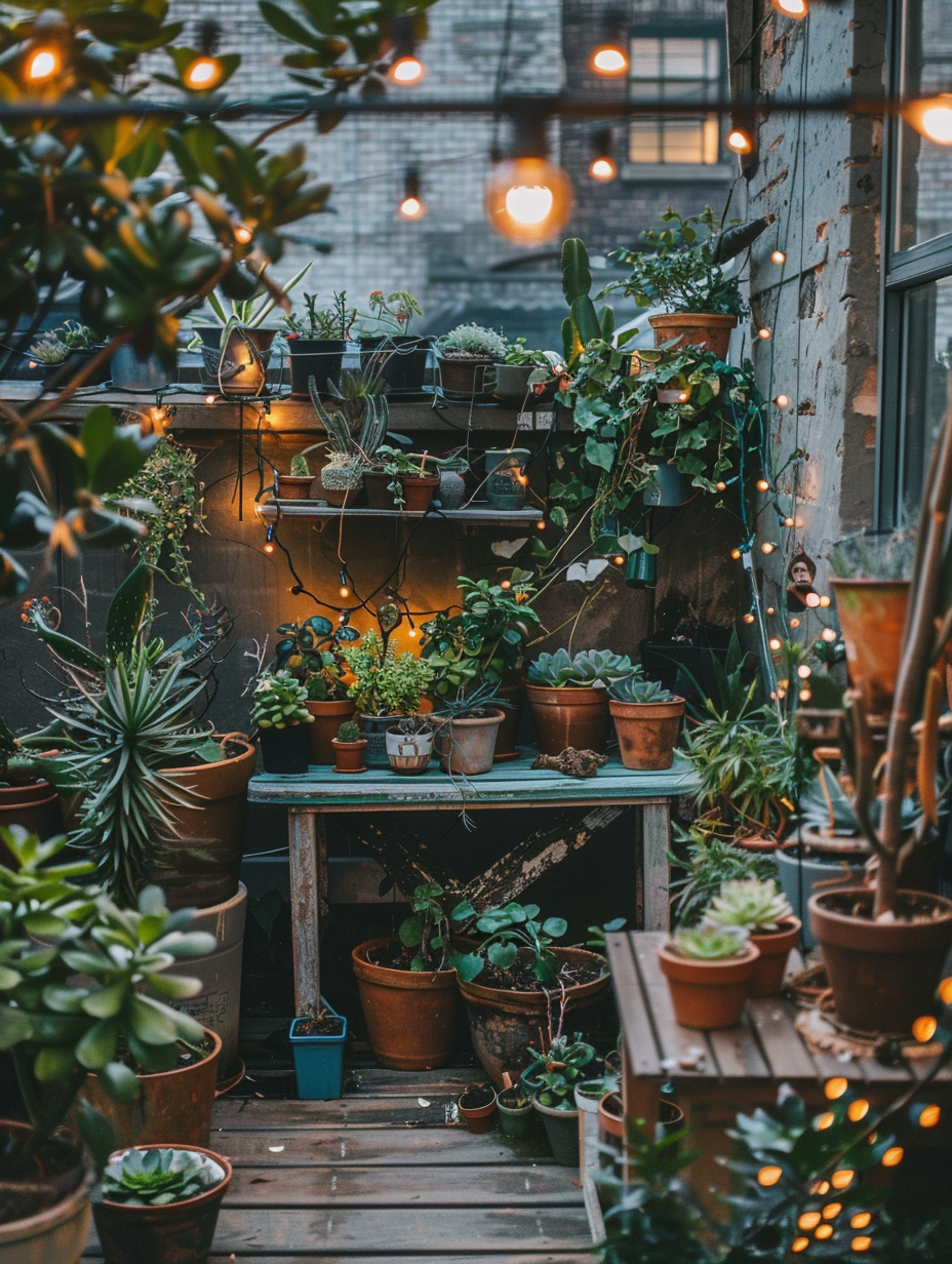 Small and beautiful urban rooftop. Verdant assortment of potted plants and succulents with solar-powered fairy lights woven among them and a small vintage wooden table set in the center.