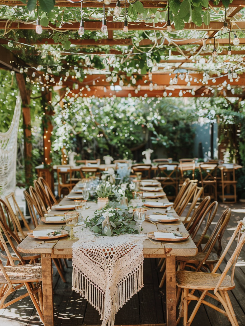 Boho themed party design. Vast banquet table draped in handmade macrame runners, surrounded by mismatched wooden chairs under a pergola intertwined with hanging greenery and string lights.