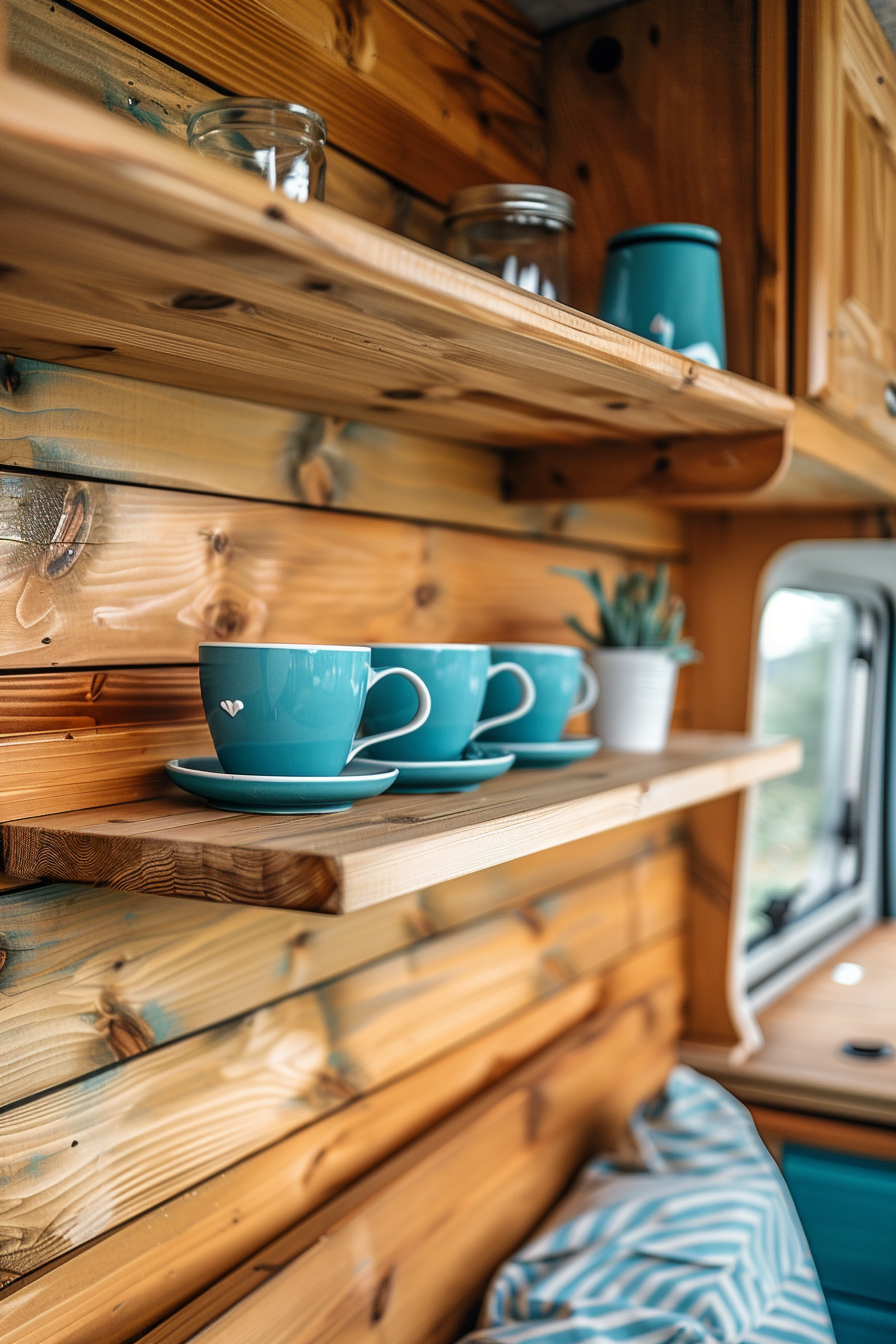 View of a small camper interior. Wood paneling with blue coffee mugs on a built-in shelf.