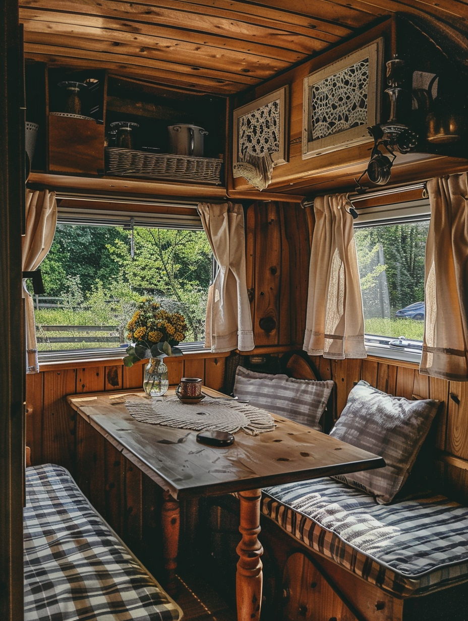 Boho design camper. Antique mahogany wood dining area with macrame curtains at a layer-viewed open window with gingham checkered seat covers.