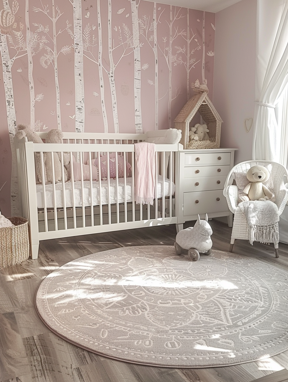 Nursery. Pastel pink walls with white woodland animal stencils.