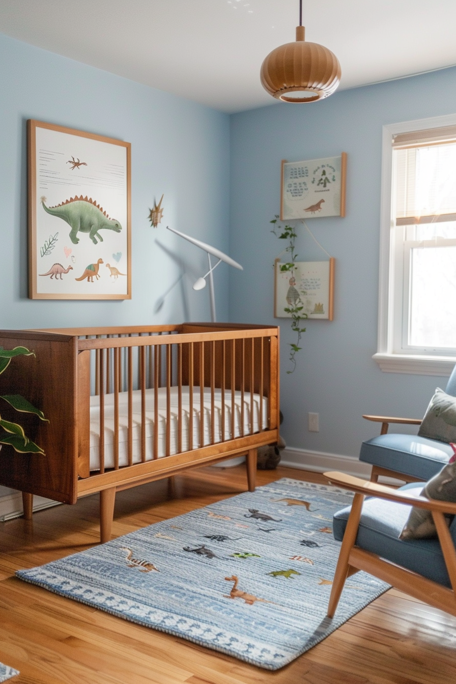 Modern baby boy nursery room. Light blue palette with mid-century furniture and dinosaur-themed artwork.