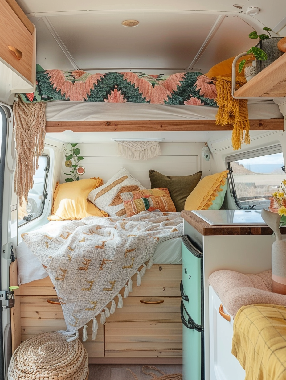 Boho design camper. Visible loft bed with aztec pattern blanket, macrame wall hanging, wood edition fridge, and pastel-colored upholstery with yellow scattering cushions.