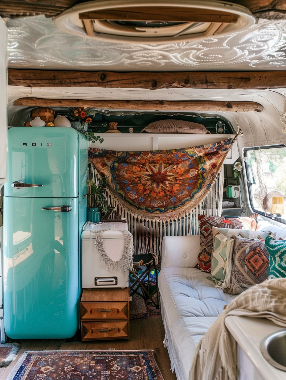 Boho-inspired camper interior. Teal fun retro fridge, exposed wooden beams on ceiling, white tufted sofa with multicolored, geometric throw pillows, hammock chair in corner of living area, white macrame curtain divider leading to tan queen-sized bed with intricate Indian mandala tapestry as a headboard.